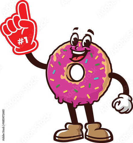 Donuts mascot cartoon holding a giant foam finger