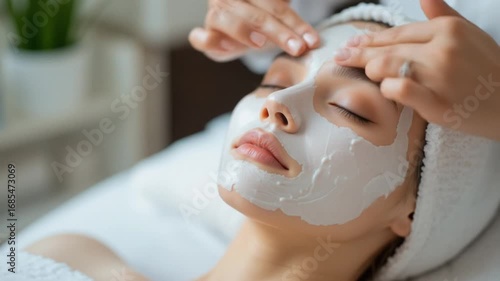 Facial Treatment: A technician applies a facial mask to a relaxing client. This soothing spa service promotes skin health and relaxation. 4k video
