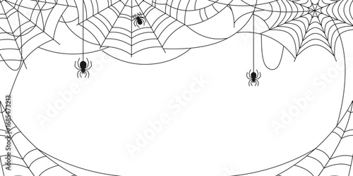 Black Spider Web, spiders in corners isolated on transparent background, vector Illustration. Halloween Spooky cobweb hanging decoration