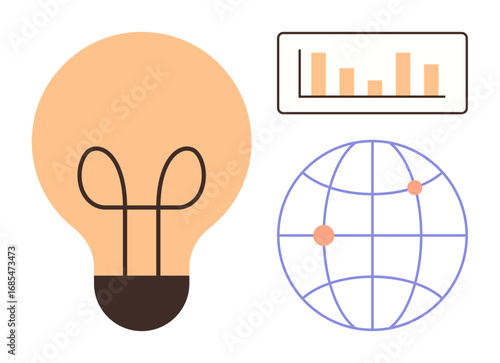 Light bulb, bar chart, and globe icon unify themes of innovation, data analysis, global communication, and progress. Ideal for technology, business, creativity education networking