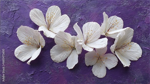 Awesome photo of group of white flowers arranged on a textured purple background.