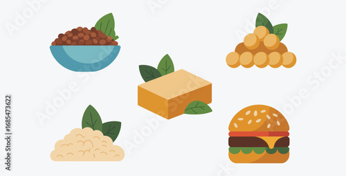 Diverse Vegan Food Selection with Lentils Tofu Chickpeas Rice and a Vegan Burger Representing a Range of Plant Based Options for a Healthy and Sustainable Diet