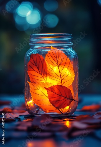 Captivating Jar Filled With Luminous Autumn Leaves and Warm Lights in an Even...
