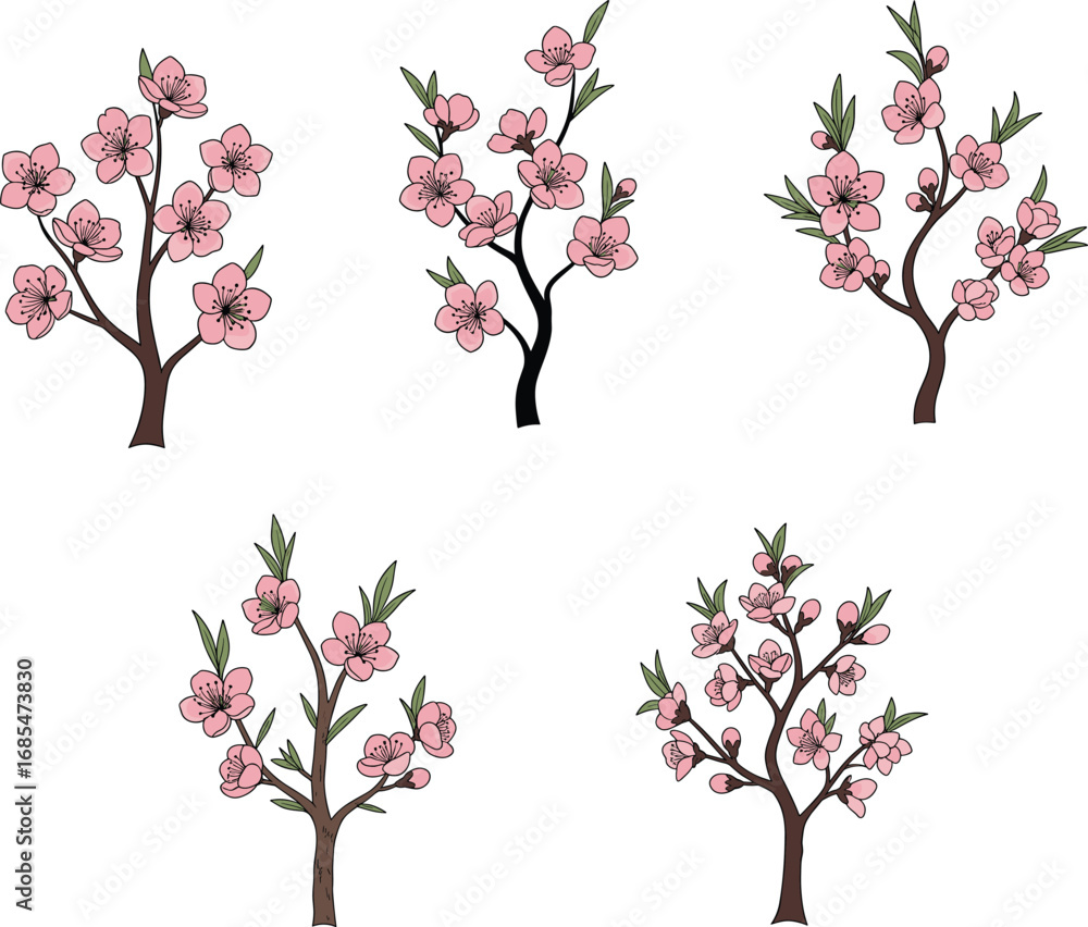 Fototapeta premium Cherry blossom branch illustrations, pink spring flowers, delicate floral art, botanical drawing, blooming branches, nature sketches, seasonal flower designs, garden blossoms.