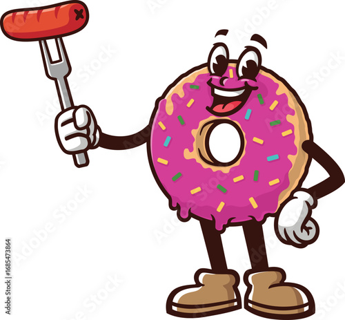 Donuts mascot cartoon holding a sausage