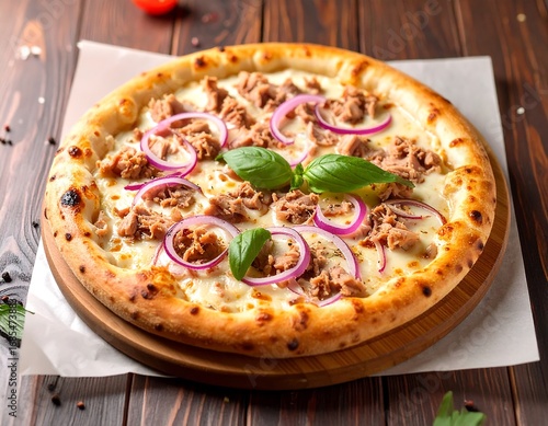 Delicious tuna pizza on a wooden board