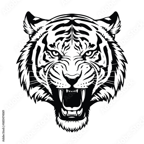 Black and white illustration of a tiger's head with an open mouth and sharp teeth on a white background.