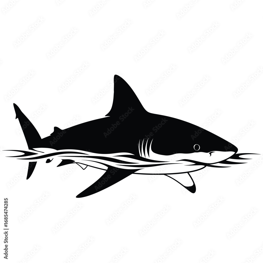 Obraz premium Black silhouette of a shark swimming in water with a white background.