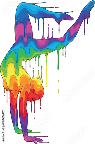Vector vector art of a gymnast in a handstand pose, with a colorful dripping paint effect, transparent background