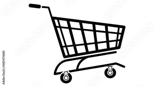 Illustration of a black shopping cart with a handle and four wheels on a white background image view