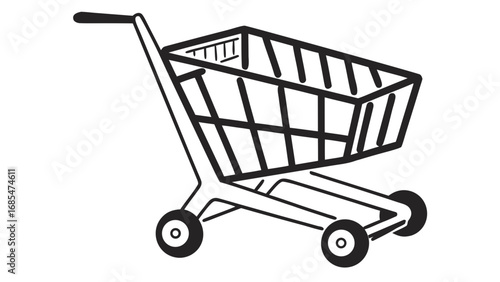A simple black and white line drawing of a shopping cart with four wheels and a basket design