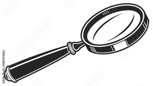 A detailed drawing of a magnifying glass with a black handle and a black rimmed lens is displayed