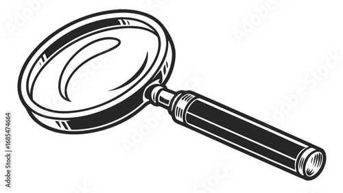Illustration of a classic magnifying glass with a black handle and a silver rim and lens outline