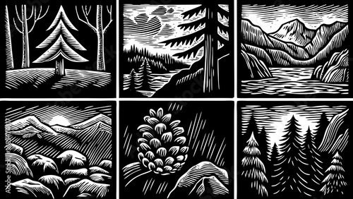 rustic national park life concept illustrated with a hand drawn doodle icon set, featuring trees, mountains, rocks, and pine elements, ideal for outdoor design projects, nature themes, and creative