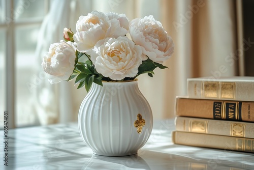 Elegant White Peonies in a Stylish Vase Beside Vintage Books in a Well-Lit Room
