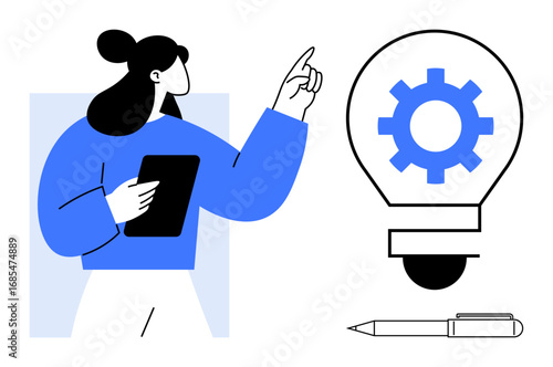Woman standing with a tablet points at a lightbulb with a gear inside, representing creativity, problem-solving, technology, leadership, education, teamwork, and innovation. A pen lays below
