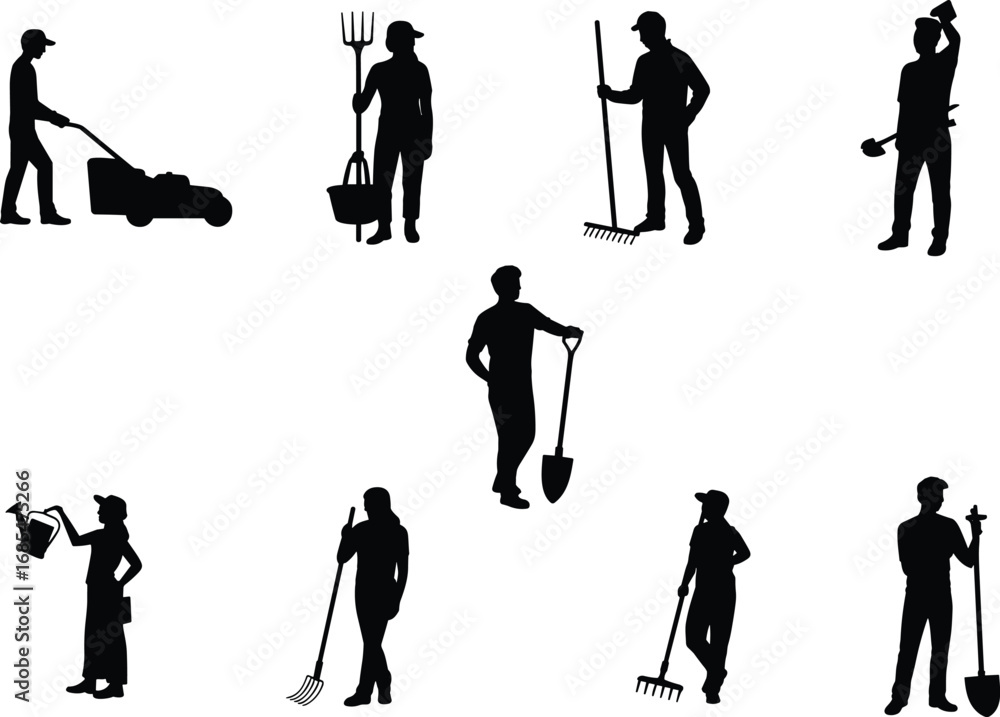 Obraz premium Gardening and landscaping worker silhouettes, people using tools, lawn mowing, watering plants, raking leaves, planting, farming, agriculture, outdoor maintenance, black vector icons,