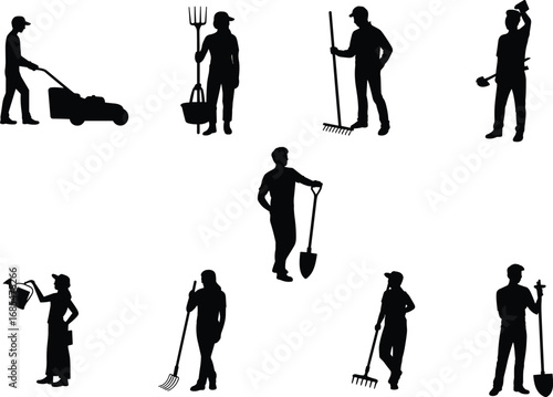 Gardening and landscaping worker silhouettes, people using tools, lawn mowing, watering plants, raking leaves, planting, farming, agriculture, outdoor maintenance, black vector icons,