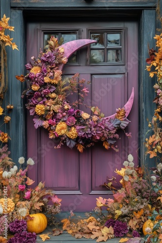 Floral Crescent Moon Wreath and Autumn Decorations at a Door