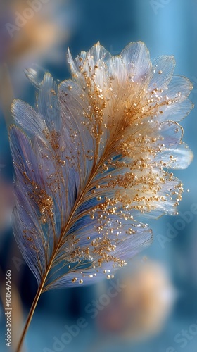 Delicate Golden Feathery Plant Glistens in Soft Light Against a Blue Background