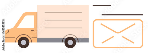 Orange truck and envelope illustrating mail, parcel delivery, express logistics, communication, shipping, e-commerce, and transportation concepts. Ideal for business, logistics technology