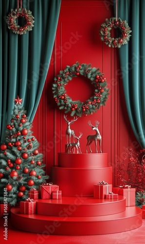 Festive Holiday Display Featuring Red Backdrop, Decorated Tree, and Decorativ...