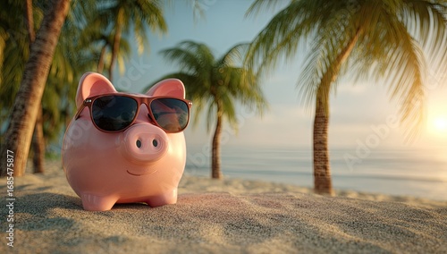 Pink piggy bank in sunglasses on a sandy beach at sunset