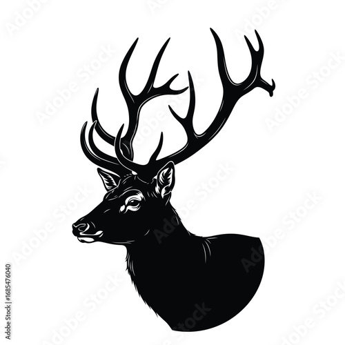 Black silhouette illustration of a deer head with large antlers on a white background