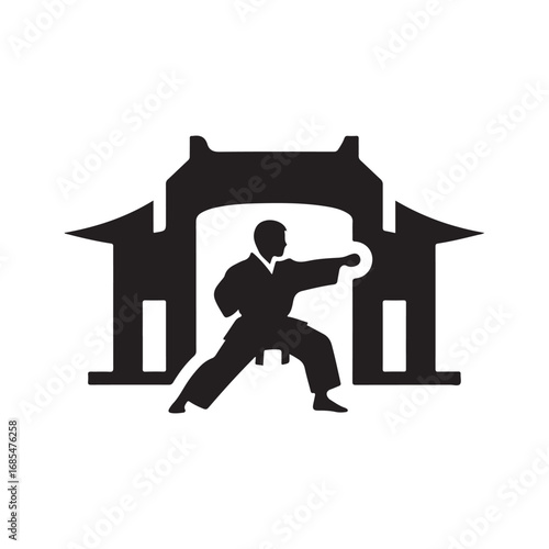 Silhouette of a Karate Practitioner in a Punching Pose within a Traditional Asian Gate Structure