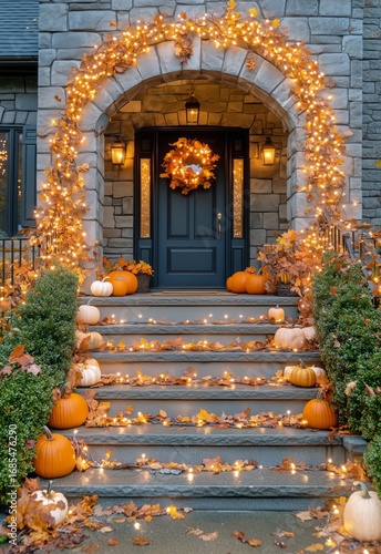 Autumn Decorations With Pumpkins and Lights Enhance a Cozy Entryway in the Ev...