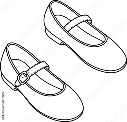 Classic Mary Jane shoes, children footwear outline, buckle strap design, simple fashion accessory, black line drawing, school shoes illustration