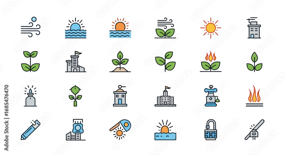 Obraz premium Collection of Flat Design Icons Representing Nature, Industry, and Technology Concepts.