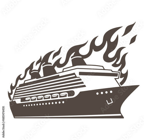 Burning cruise ship vector illustration showing flames and damage on white background