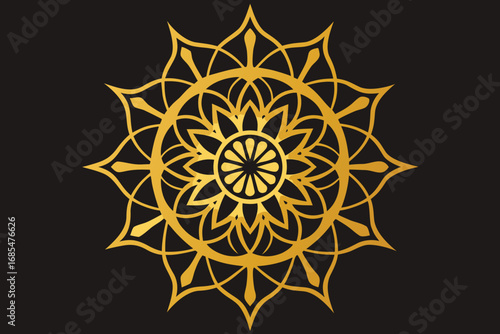 Vector art of a golden mandala design with intricate floral patterns, radiating elegance and symmetry against a dark background, creating a visually appealing artwork