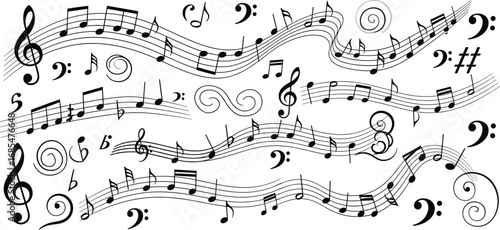 Decorative musical notes, treble clef, bass clef, melody lines, abstract music background, artistic composition, harmony design, creative sound illustration