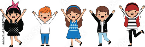 Happy children illustration, group of kids celebrating, joyful cartoon characters, friendship and childhood concept, cute little boys and girls vector