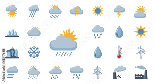 Weather Icons Set - Diverse Meteorological Conditions, Flat Design, Cartoon Style.