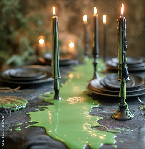 Spooky Halloween Dining Table With Green Ooze and Black Candles Filling the A...