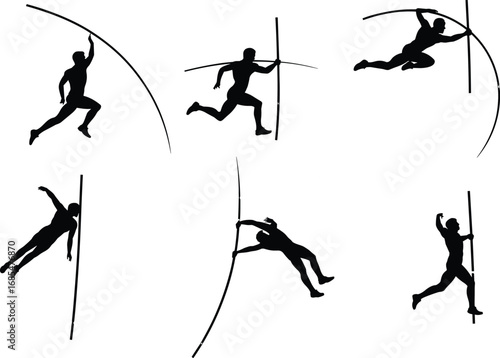 Pole vault silhouettes, athlete jumping, track and field, sports action, black vector icons, vaulting stages, athletic performance, competition concept, cad drawing flat vector illustration