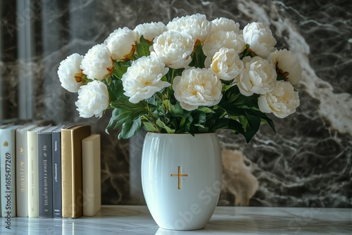 Elegant White Peonies in Vase With Cross Accent on Marble Table