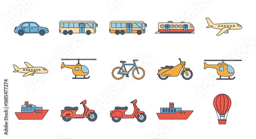Colorful line art icon set of various transport vehicles for land, air, and sea.