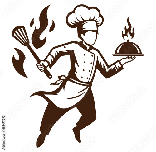 Chef illustration serving food holding spatula with flames vector design element