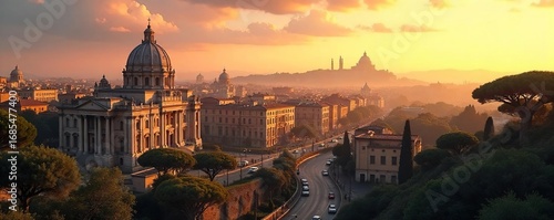 Serene cityscape view of Rome at dawn, bathed in golden light; ancient ruins meet modern architecture in a peaceful meditation scene , reflection, spiritual, holiday