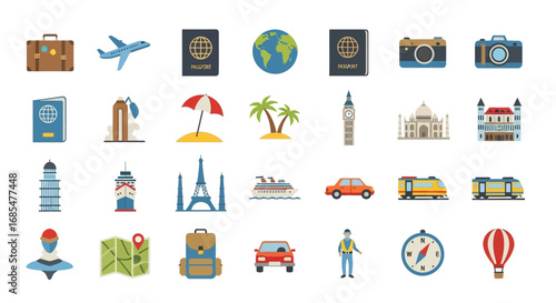 Colorful flat design travel and tourism icon set featuring world landmarks, transport, and vacation items.
