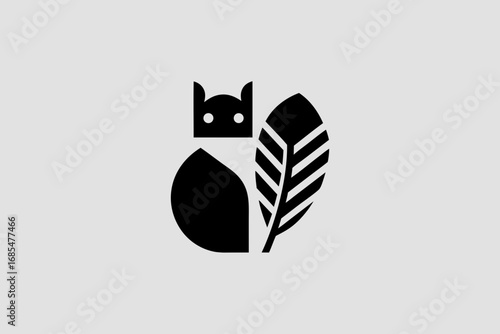 black fat cat logo. vector of cat icon with feathers