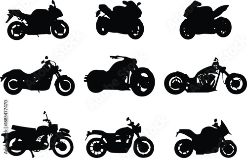 Motorcycle silhouettes, motorbike icons, vintage bikes, sport motorcycles, cruiser designs, black vector shapes, transportation symbols, biker culture, cad drawing flat vector illustration