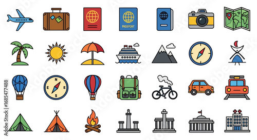 Set of colorful filled outline icons for travel, vacation, and tourism, including transport and landmarks.