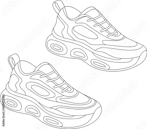 Chunky sneakers line art illustration, sport shoes sketch, modern footwear drawing, trendy fashion outline, casual lifestyle sneaker vector design