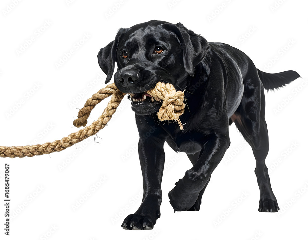 Fototapeta premium Playful Canine with Rope: A dynamic shot of a handsome black Labrador, his gleaming coat and eager eyes radiating vitality as he confidently carries a thick, knotted rope, ready for a game. 