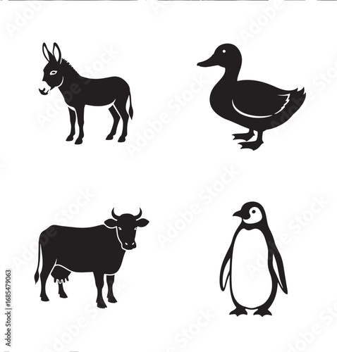 Black and White Illustration of Various Animals Including Donkey Duck Cow and Penguin